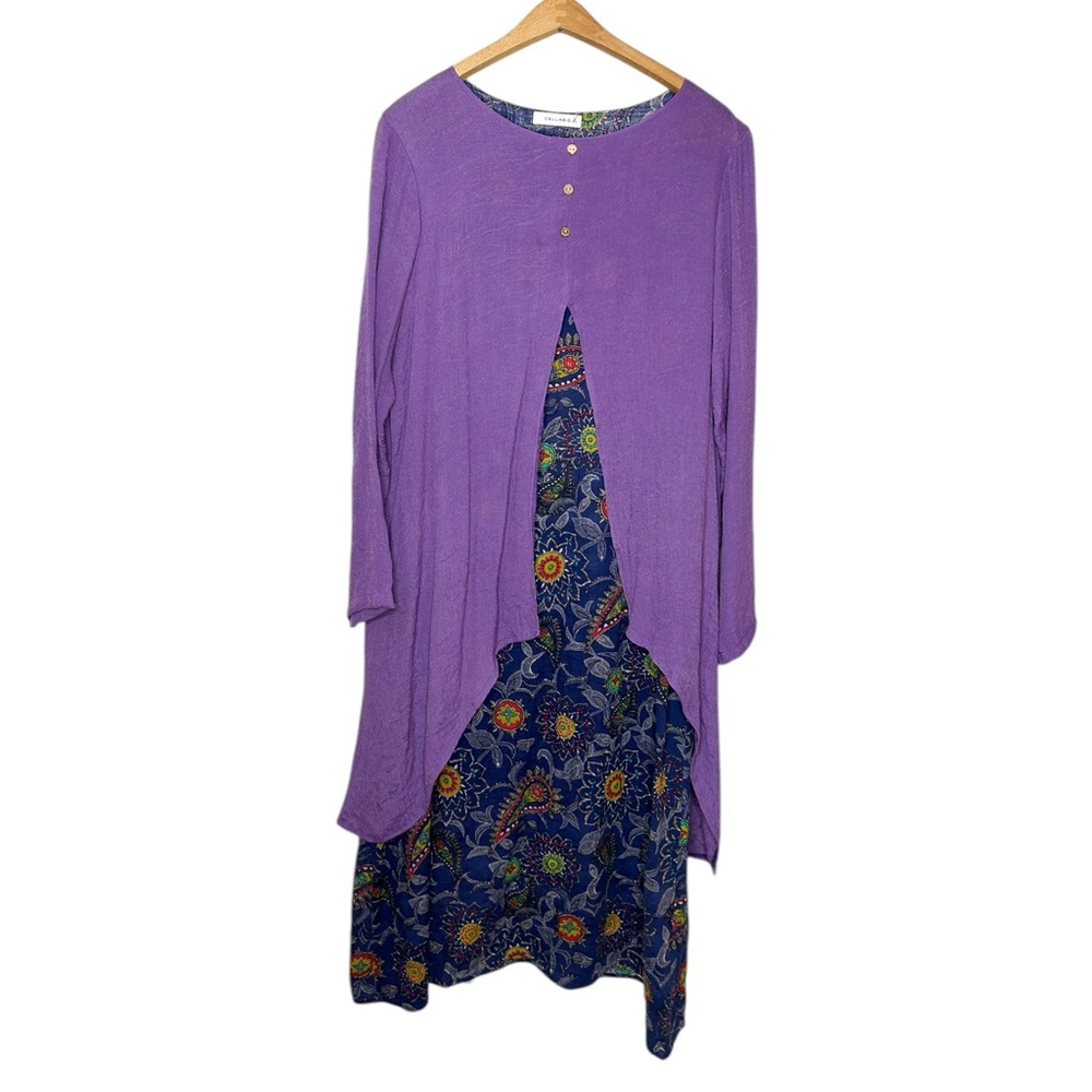 Cellabie Purple Layered Dress Eclectic‎ Floral Paisley Print Boho Midi Dress L